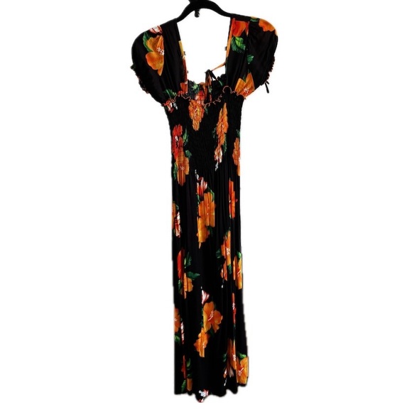 Women Maxi Dress Tropical Floral Smocked Black Orange Rayon OS - Picture 3 of 10